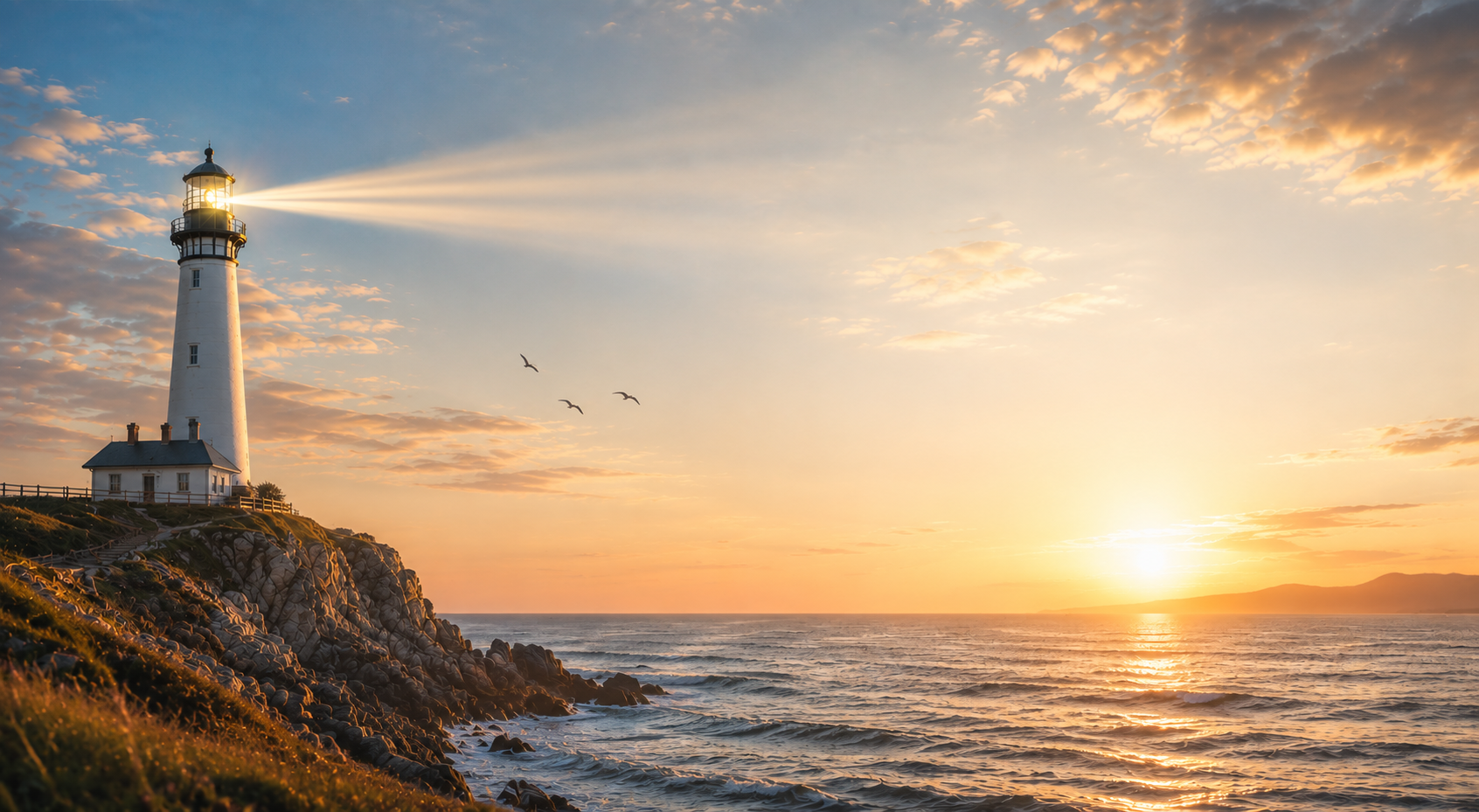 Faro blanco sobre un acantilado al atardecer, con su haz de luz cruzando un cielo cálido y gaviotas volando sobre el mar.